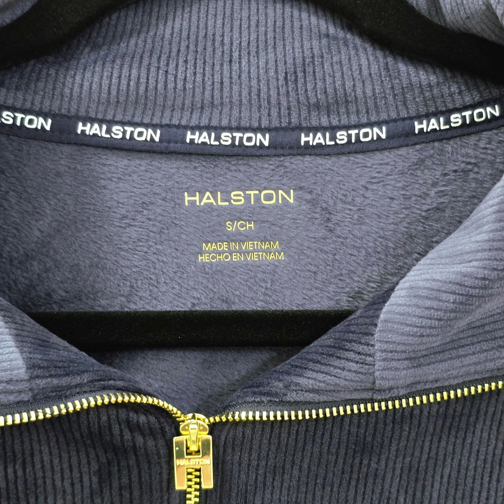 Halston Women Navy Blue Ribbed Velour Quarter Zip Fleece Pullover Small NWT - Picture 4 of 5